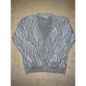 Vintage 80s 90s Private Club Cardigan Diamond Pattern Blue White Academia Staple